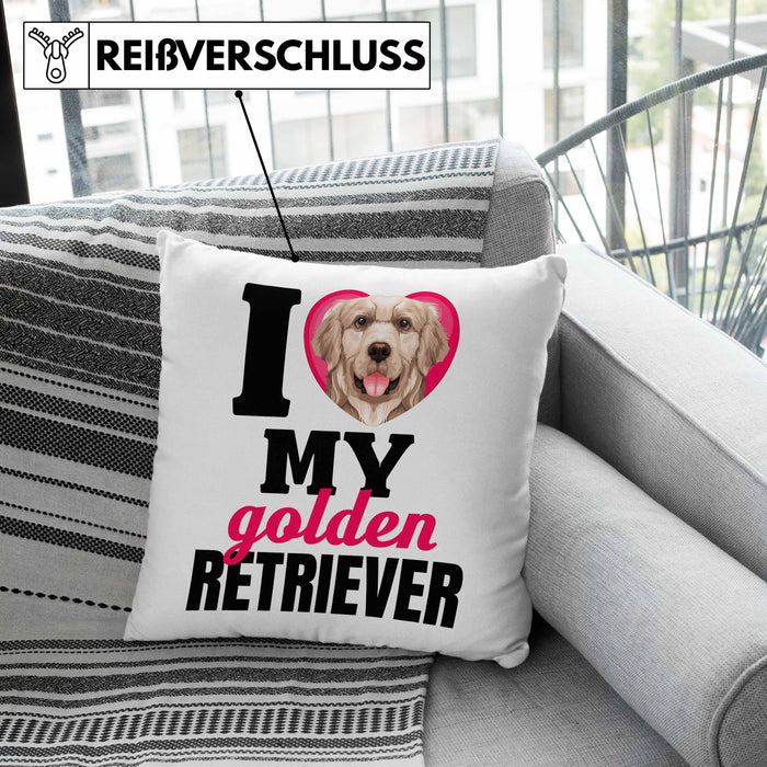 Golden Retriever Besitzerin Kissen mit Füllung 40x40 Geschenk Lustiger Spruch Geschenkidee I Love My Golden Retriever (Grau) Rosa Trendation