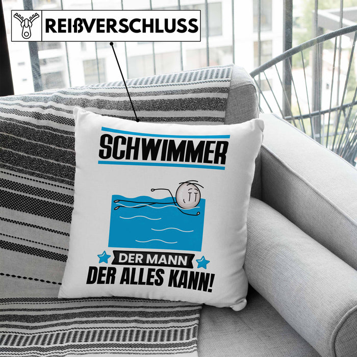 Schwimmer Kissen mit Füllung 40x40 Geschenk für Schwimmer Der Mann Der Alles Kann Geschenkidee zum Geburtstag (Grau) Blau Trendation