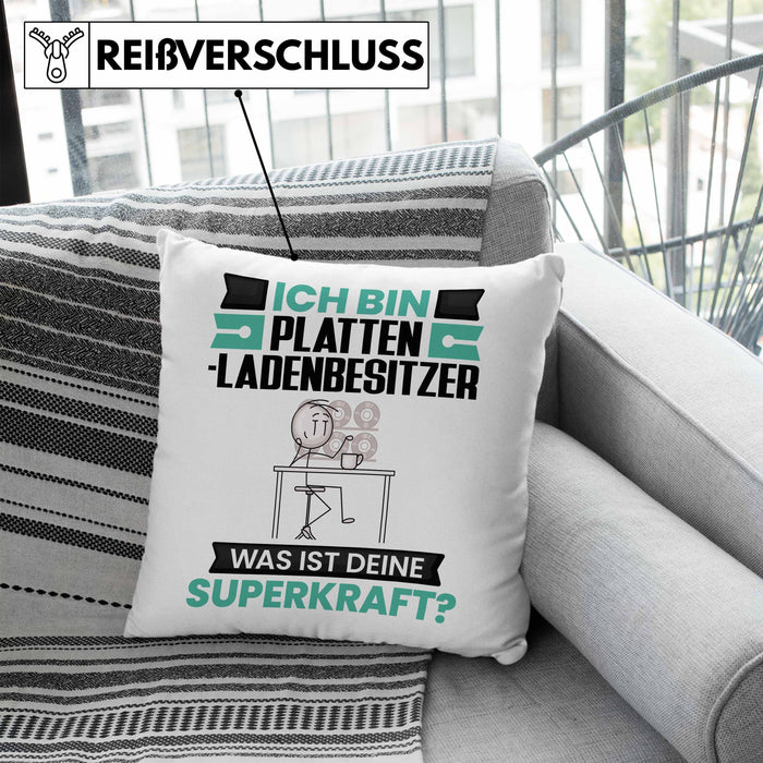 Plattenladenbesitzer Kissen mit Füllung 40x40 Geschenk für Plattenladenbesitzer Geburtstag Lustiger Spruch Was Ist Deine Superkraft (Grau) Blau Trendation