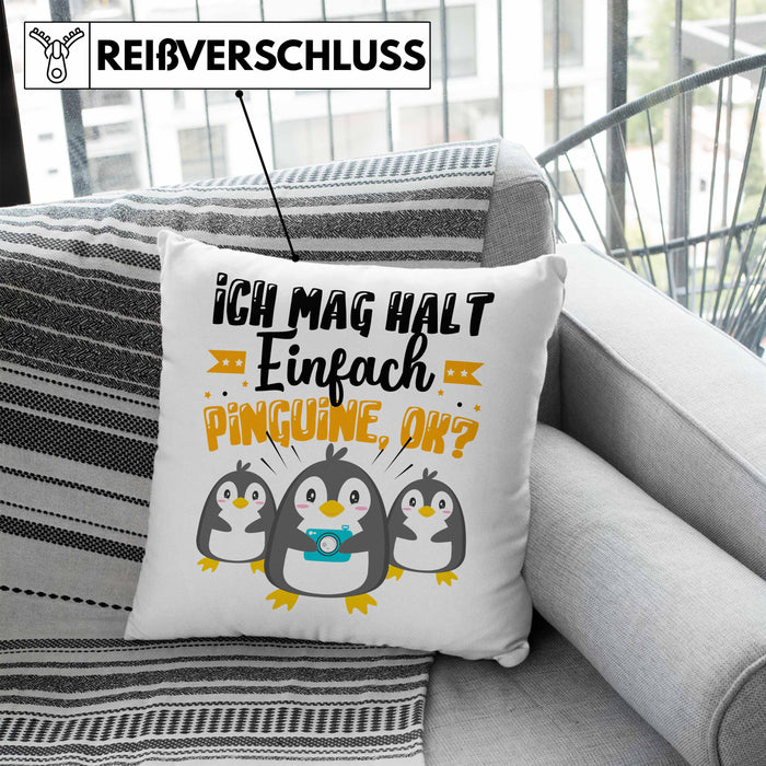 Pinguine Geschenk Kissen mit Füllung 40x40 Mädchen Geschenkdiee Pinguin-Liebhaberin Ich Mag Halt Einfach Pinguine Ok (Grau) Blau Trendation