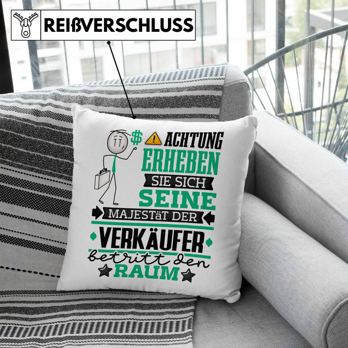 Verkäufer Geschenk Kissen mit Füllung 40x40 Lustiger Spruch Erheben Sie Sich Der Verkäufer Betritt den Raum (Grau) Blau Trendation