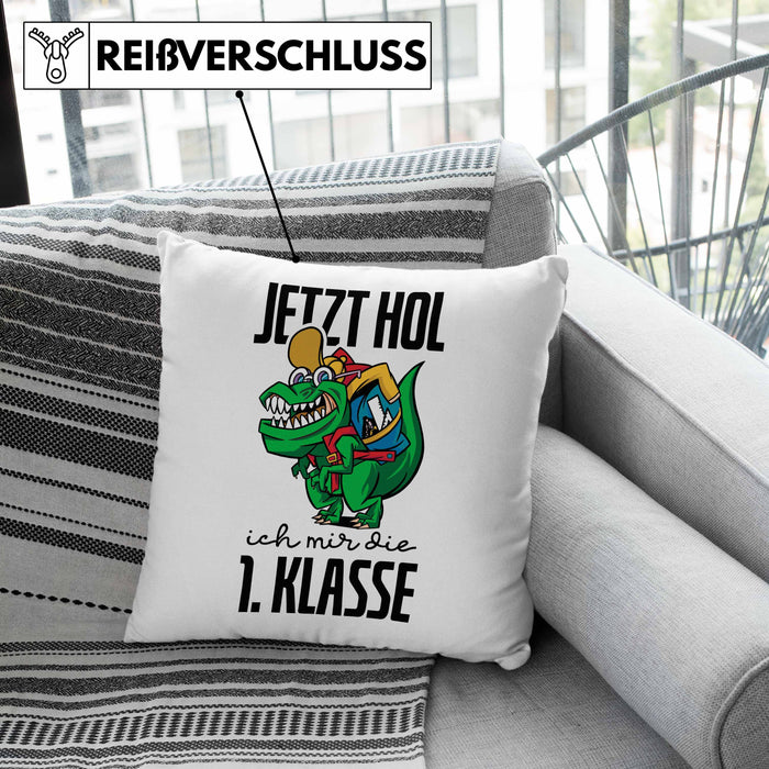 Kissen mit Füllung 40x40 Einschulung Dino T-rex Motiv Geschenk für Jungs in der 1. Klasse Schulstart (Grau) Grün Trendation