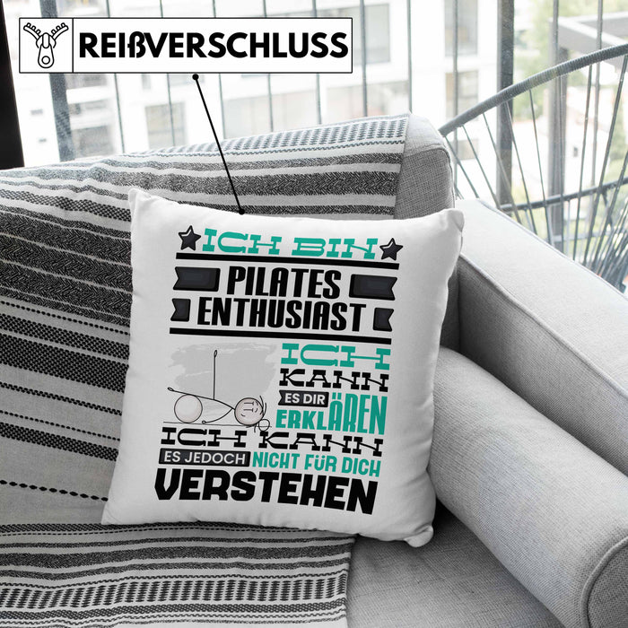 Pilates-Enthusiast Geschenk Kaffee-Kissen mit Füllung 40x40 Geschenkidee für Pilates-Enthusiast Ich Bin Pilates-Enthusiast Ich Kann Es Dir Erklären Jedoch Nicht Für Dich Verstehen Spruch Lustig (Grau) Rosa Trendation