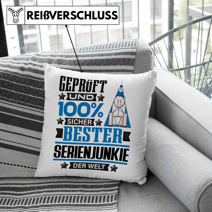Serienjunkie Geschenk Lustiger Spruch für Serienjunkie Geschenkidee Bester Serienjunkie Der WeltKissen mit Füllung 40x40 (Grau) Blau Trendation