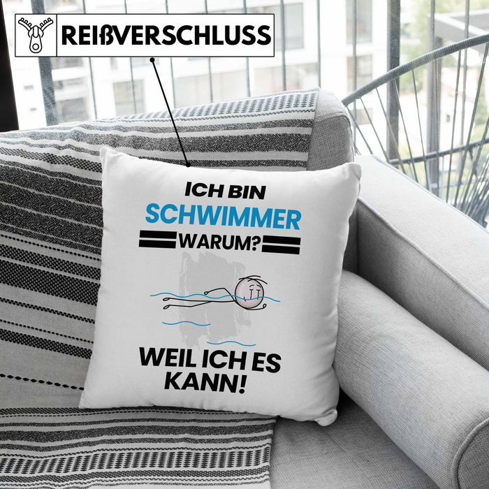 Schwimmer Geschenk Kissen mit Füllung 40x40 Lustiger Spruch Ich Bin Schwimmer Warum Weil Ich Es Kann Geschenkidee Bester Schwimmer Geburtstag (Grau) Rosa Trendation