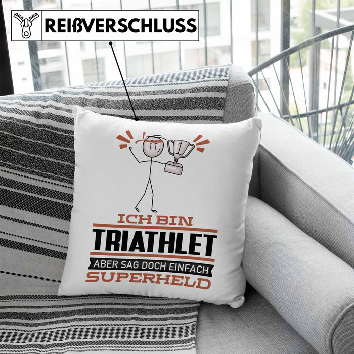 Triathlet Geschenk Kissen mit Füllung 40x40 Ich Bin Triathlet Aber Sag Doch Einfach Superheld Lustige Geschenkdiee für Triathlet (Grau) Blau Trendation