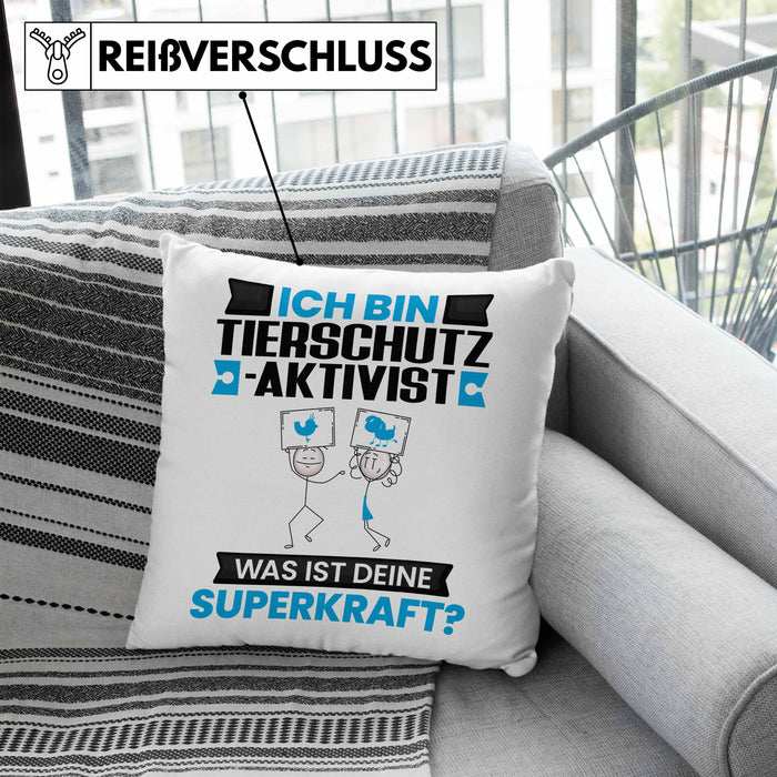 Tierschutzaktivist Kissen mit Füllung 40x40 Geschenk für Tierschutzaktivist Geburtstag Lustiger Spruch Was Ist Deine Superkraft (Grau) Blau Trendation
