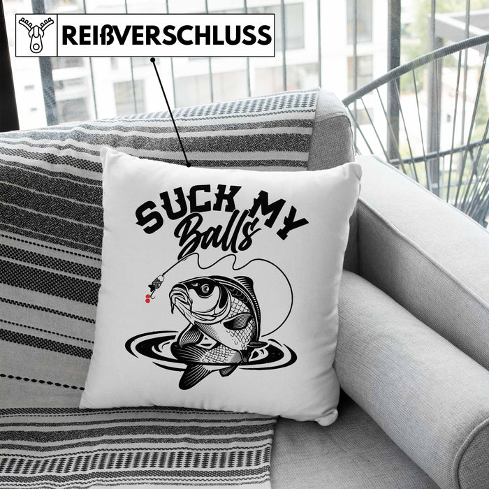 Fischer Karpfen Angler Geschenk Kissen mit Füllung 40x40 Fischer Fisch Suck My Balls Anglergeschenke (Grau) Blau Trendation