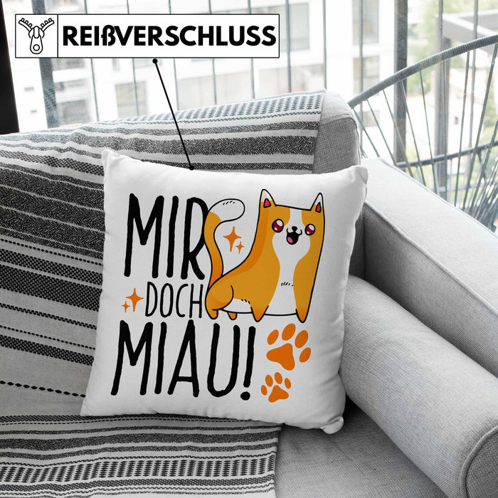 Katzen Kissen mit Füllung 40x40 Lustige Geschenkidee "Mir Doch Miau" Geschenk für Katzen-Besitzerin (Grau) Grau Trendation