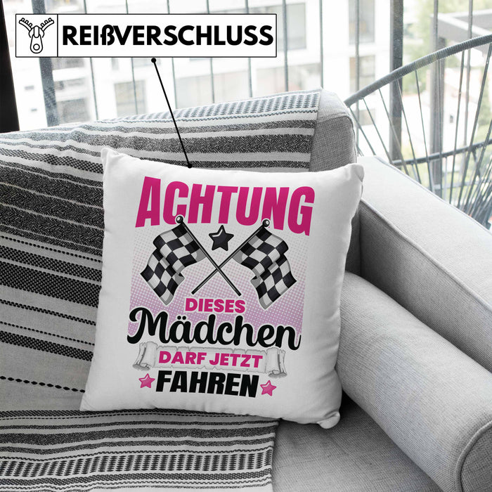 Führerschein Bestanden Geschenk Kissen mit Füllung 40x40 Bestandener Führerschein Achtung Dieses Mädchen Darf Jetzt Fahren Fahrschule (Grau) Blau Trendation