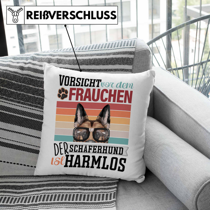 Schäferhund Besitzerin Frauchen Kissen mit Füllung 40x40 Geschenk Lustiger Spruch Geschenkidee Vorsicht Vor Dem Frauchen (Grau) Grau Trendation