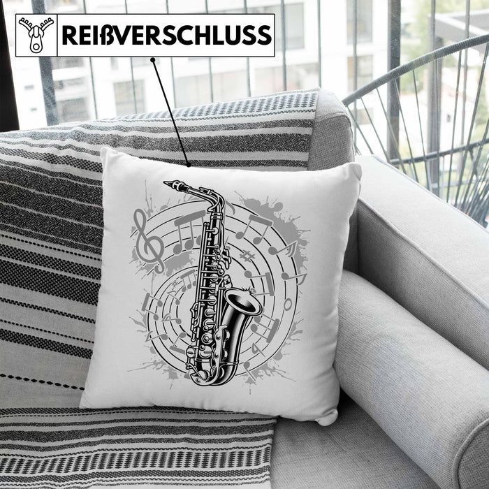 Saxophon Musik Noten Jazz Musikinstrument Saxophon-Spieler Kissen mit Füllung 40x40 (Grau) Blau Trendation