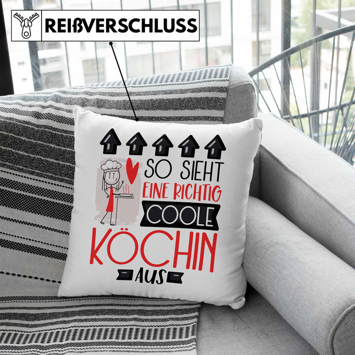 Köchin Geschenk Kissen mit Füllung 40x40 Lustig Geschenkidee für Köchin Geburtstag So Sieht Eine Richtig Coole Köchin Aus Frauen Spruch (Grau) Blau Trendation