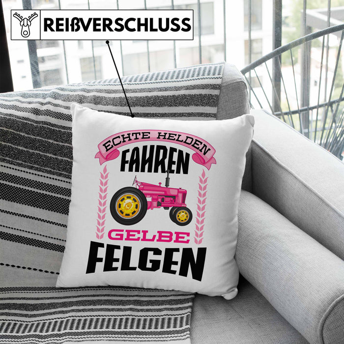 Landwirtin Spruch Frau Geschenk Kissen mit Füllung 40x40 Landwirtschaft Geschenke für Männer Traktor Spruch Echte Felgen (Grau) Blau Trendation