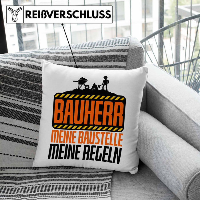 Bauherr Kissen mit Füllung 40x40 "Meine Baustelle, Meine Regeln" Lustiges Geschenk für Bauherren (Grau) Blau Trendation
