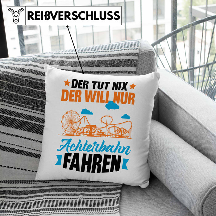 Achterbahn Kissen mit Füllung 40x40 Geschenk Der Tut Nix Der Will Nur Achterbahn Fahren Geschenkidee Erlebnispark (Grau) Blau Trendation