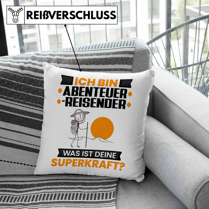 Abenteurreisender Kissen mit Füllung 40x40 Geschenk für Abenteurreisender Geburtstag Lustiger Spruch Was Ist Deine Superkraft (Grau) Blau Trendation