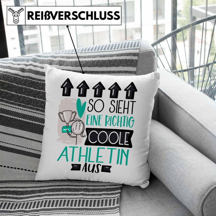 Athletin Geschenk Kissen mit Füllung 40x40 Lustig Geschenkidee für Athletin Geburtstag So Sieht Eine Richtig Coole Athletin Aus Frauen Spruch (Grau) Blau Trendation