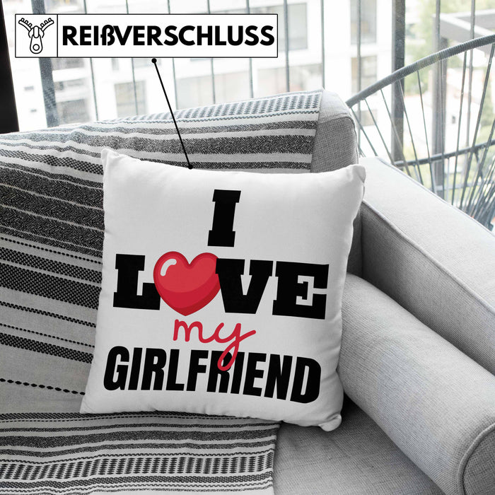 I Love My Girlfriend Kissen mit Füllung 40x40 Geschenk für Freund Beziehung Liebe Geschenkidee (Grau) Rosa Trendation