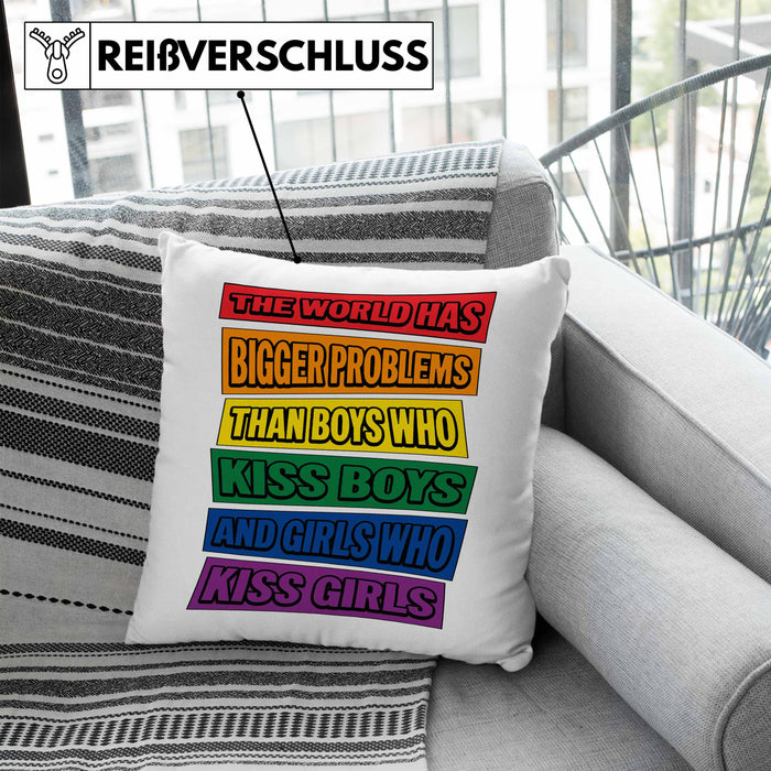 LGBTQ Kissen mit Füllung 40x40 Geschenk Schwule Lesben Geschenkidee The World Has Bigger Problems Gender Equality Häferl (Grau) Blau Trendation