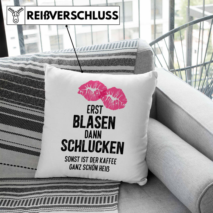 Lustige Kissen mit Füllung 40x40 Versauter Humor 18+ Geschenk Erst Blasen Dann Schlucken Erwachsene (Grau) Blau Trendation
