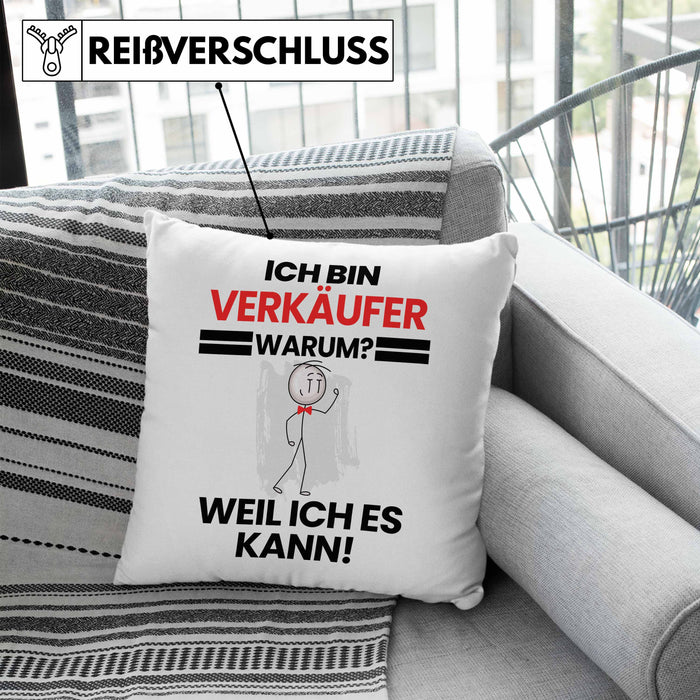 Verkäufer Geschenk Kissen mit Füllung 40x40 Lustiger Spruch Ich Bin Verkäufer Warum Weil Ich Es Kann Geschenkidee Bester Verkäufer Geburtstag (Grau) Blau Trendation