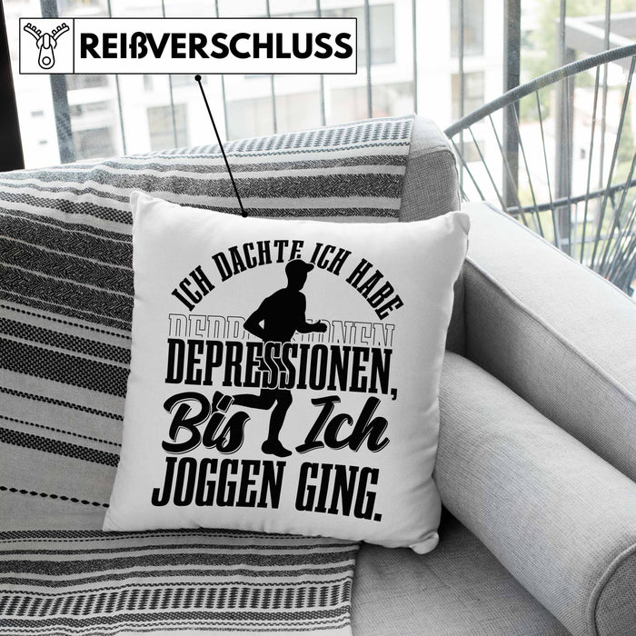 Joggen Geschenk Kissen mit Füllung 40x40 Spruch Ich Dachte Ich Habe Depressionen Bis Ich Joggen War Geschenkidee Jogger (Grau) Grau Trendation