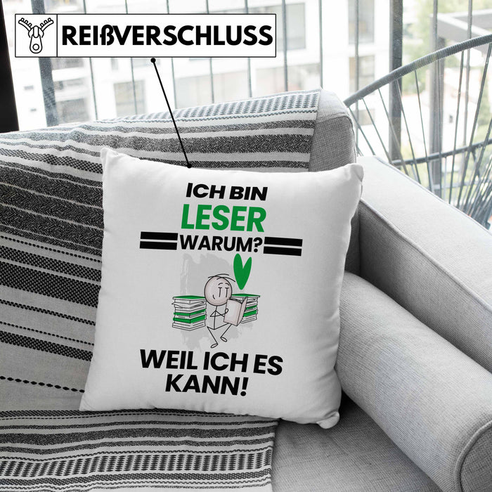 Leser Geschenk Kissen mit Füllung 40x40 Lustiger Spruch Ich Bin Leser Warum Weil Ich Es Kann Geschenkidee Bester Leser Geburtstag (Grau) Rosa Trendation