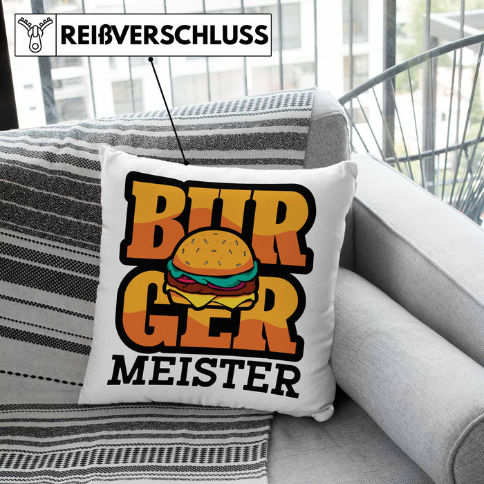 Burger Meister Kissen mit Füllung 40x40 Geschenk Spruch Grillen Sommer Burger Liebhaber Geschenkidee Cheeseburger (Grau) Grün Trendation