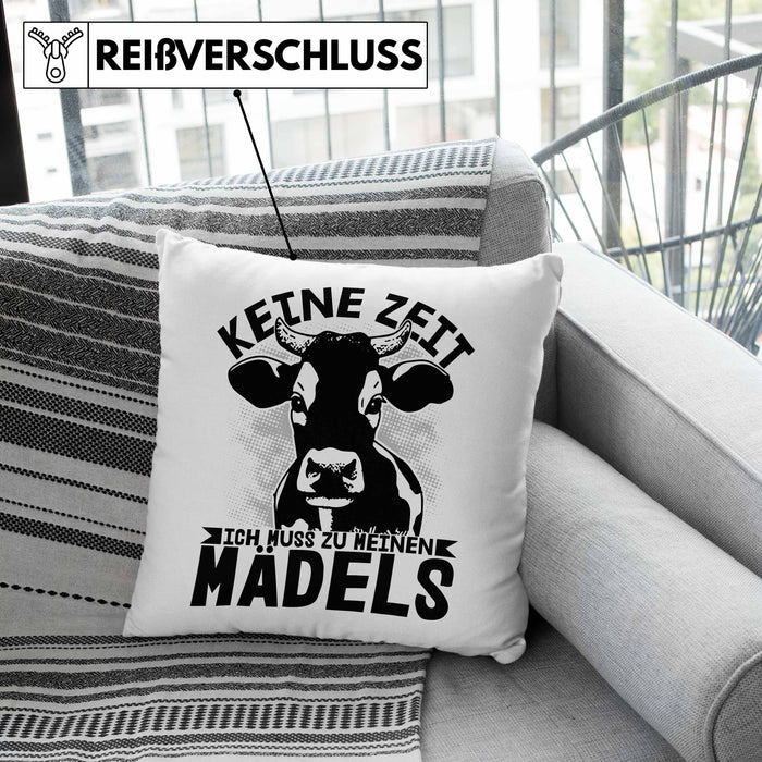 Landwirt Bauer Kissen mit Füllung 40x40 Geschenk Keine Zeit Ich Muss Zu Meinen Mädels Kuh Rind Grafik (Grau) Rosa Trendation