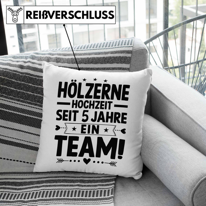 Hölzerne Hochzeit Kissen mit Füllung 40x40 Geschenk Ehemann Ehefrau Partner 5 Jahre Ein Team (Grau) Grau Trendation