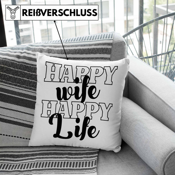 Lustige Kissen mit Füllung 40x40 Geschenk für Ehemann Spruch Happy Wife Happy Life Ehemann Geschenkidee (Grau) Blau Trendation
