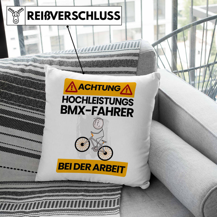 BMX-Fahrer Kissen mit Füllung 40x40 Geschenk Lustiger Spruch Geschenkidee für BMX-Fahrer Achtung Hochleistungs BMX-Fahrer Bei Der Arbeit (Grau) Grau Trendation