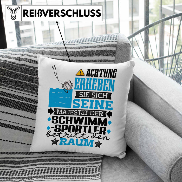 Schwimmsportler Geschenk Kissen mit Füllung 40x40 Lustiger Spruch Erheben Sie Sich Der Schwimmsportler Betritt den Raum (Grau) Blau Trendation