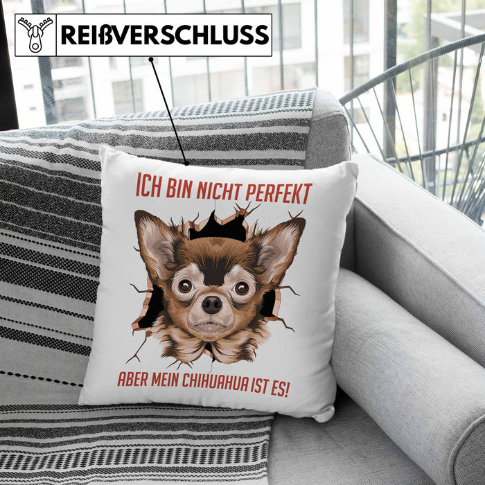 Chihuhahua Besitzer Kissen mit Füllung 40x40 Geschenk Geschenkidee Frauchen Herrchen Ich Bin Nicht Perfekt Aber Mein Chihuaha Ist Es (Grau) Rosa Trendation