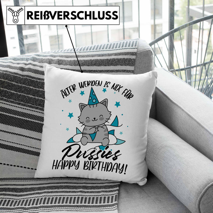 Geburtstag Kissen mit Füllung 40x40 Geschenk Lustiger Spruch Männer Frauen Älter Werden Ist Nichts Für Puss*** Happy Birthday (Grau) Grün Trendation