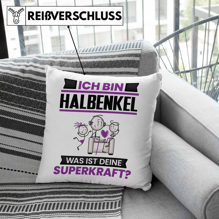 Halbenkel Kissen mit Füllung 40x40 Geschenk für Halbenkel Geburtstag Lustiger Spruch Was Ist Deine Superkraft (Grau) Blau Trendation