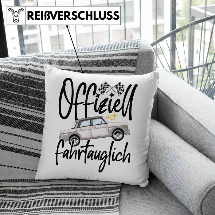 Führerschein Bestanden Geschenk Kissen mit Füllung 40x40 Bestandener Führerschein Offiziel Fahrtauglich Fahrschule (Grau) Blau Trendation
