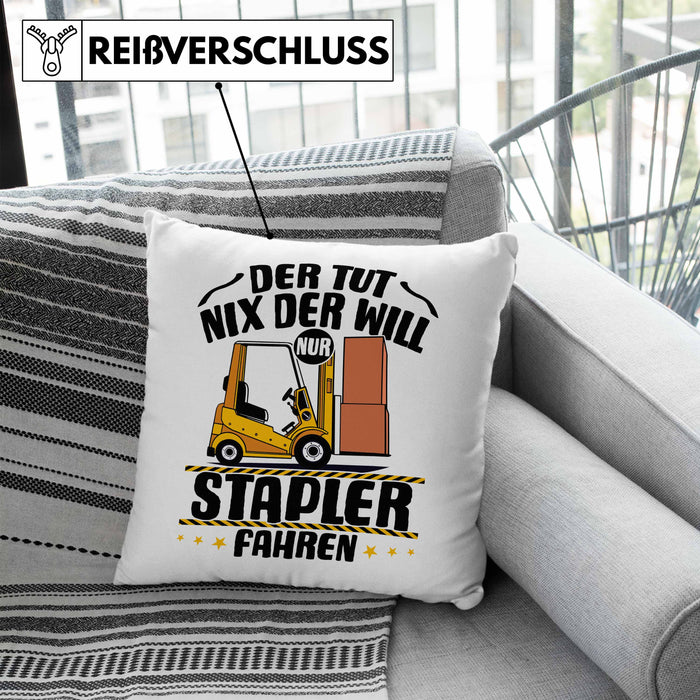 Lagerist Gabel-Staplerfahrer Kissen mit Füllung 40x40 Geschenk Staplerfahrer Geschenkidee Der Tut Nix Der Will Nur Stapler Fahren (Grau) Blau Trendation