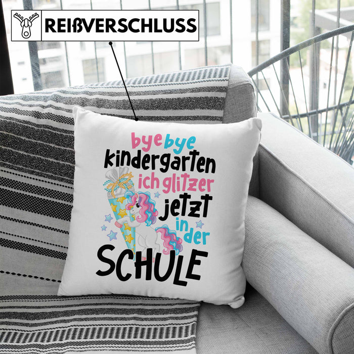 Bye Bye Kindergarten Einschulung Mädchen Geschenk Kissen mit Füllung 40x40 Schulstart 1. Schultag Schuleinführung Schulanfang Geschenkidee 2024 Schulkind Ich Glitzer Jetzt In Der Schule (Grau) Blau Trendation
