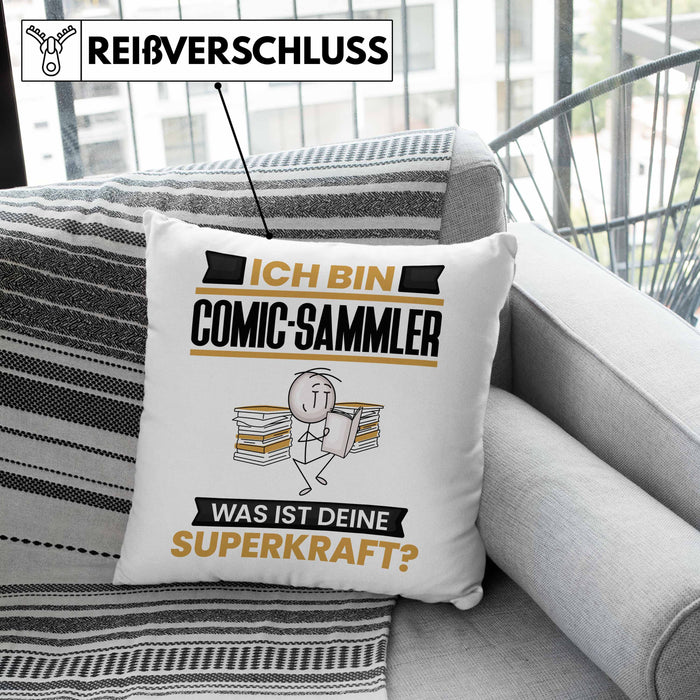 Comic-Sammler Kissen mit Füllung 40x40 Geschenk für Comic-Sammler Geburtstag Lustiger Spruch Was Ist Deine Superkraft (Grau) Rosa Trendation