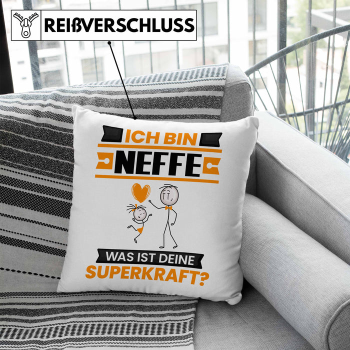 Neffe Kissen mit Füllung 40x40 Geschenk für Neffe Geburtstag Lustiger Spruch Was Ist Deine Superkraft (Grau) Blau Trendation
