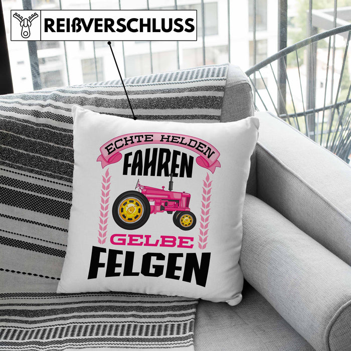 Landwirtin Spruch Frau Geschenk Kissen mit Füllung 40x40 Landwirtschaft Geschenke für Männer Traktor Spruch Echte Felgen (Grau) Rosa Trendation