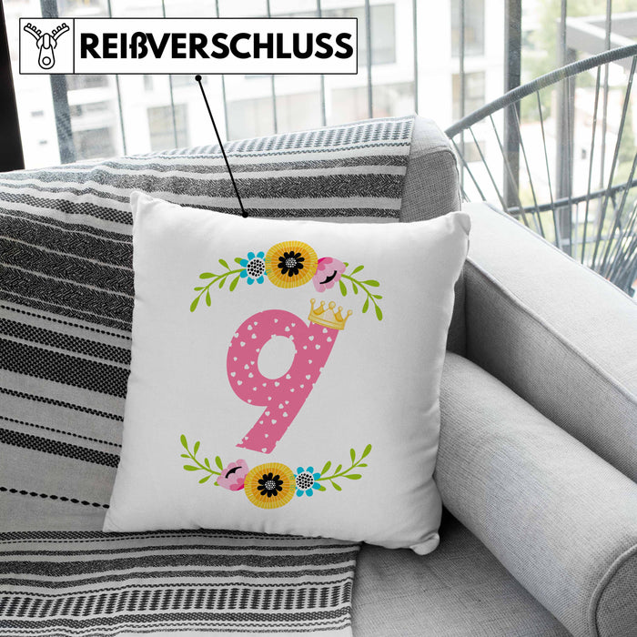 9. Geburtstag Mädchen Kissen mit Füllung 40x40 Geschenk zum Neunten Geburtsagsparty Grafik Krone 9 Jahre Alt (Grau) Grün Trendation