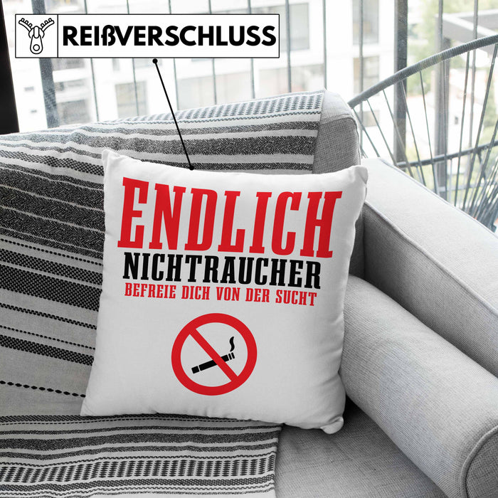 Endlich Nichttraucher Kissen mit Füllung 40x40 Geschenk Aufhören Zu Rauchen Befreie Dich Von Der Sucht (Grau) Grün Trendation
