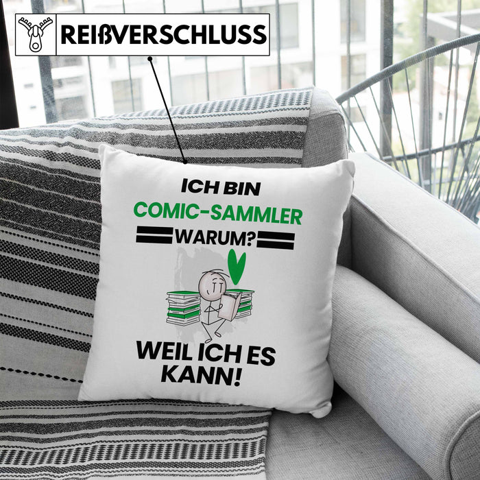 Comic-Sammler Geschenk Kissen mit Füllung 40x40 Lustiger Spruch Ich Bin Comic-Sammler Warum Weil Ich Es Kann Geschenkidee Bester Comic-Sammler Geburtstag (Grau) Blau Trendation