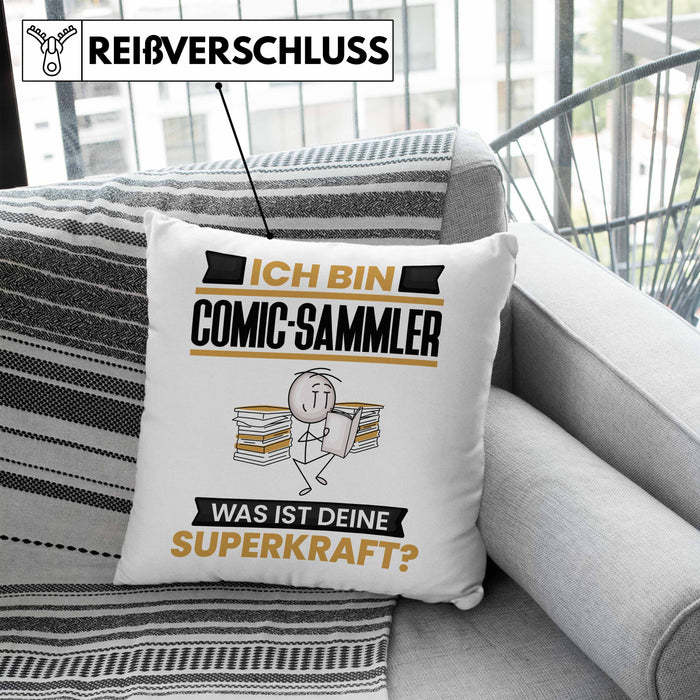 Comic-Sammler Kissen mit Füllung 40x40 Geschenk für Comic-Sammler Geburtstag Lustiger Spruch Was Ist Deine Superkraft (Grau) Blau Trendation