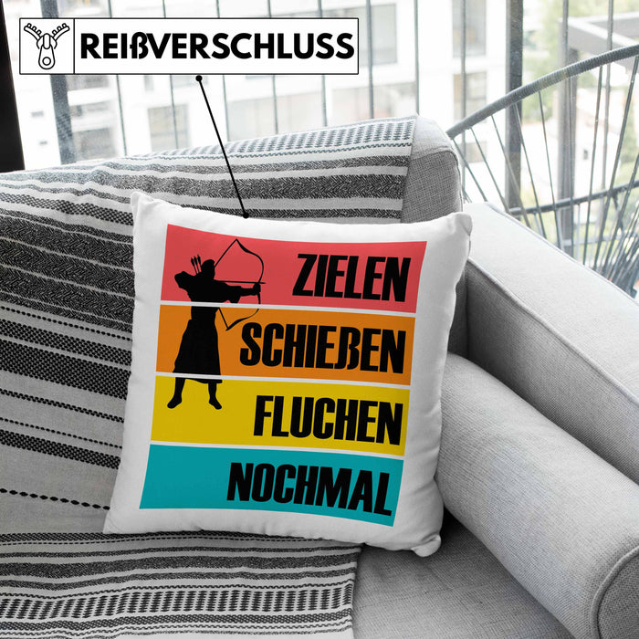Bogenschießen Kissen mit Füllung 40x40 mit Bogenschütze Spruch - Geschenk für Pfeil und Bogen Fans Zielen Schießen Fluchen Nochmal (Grau) Rosa Trendation