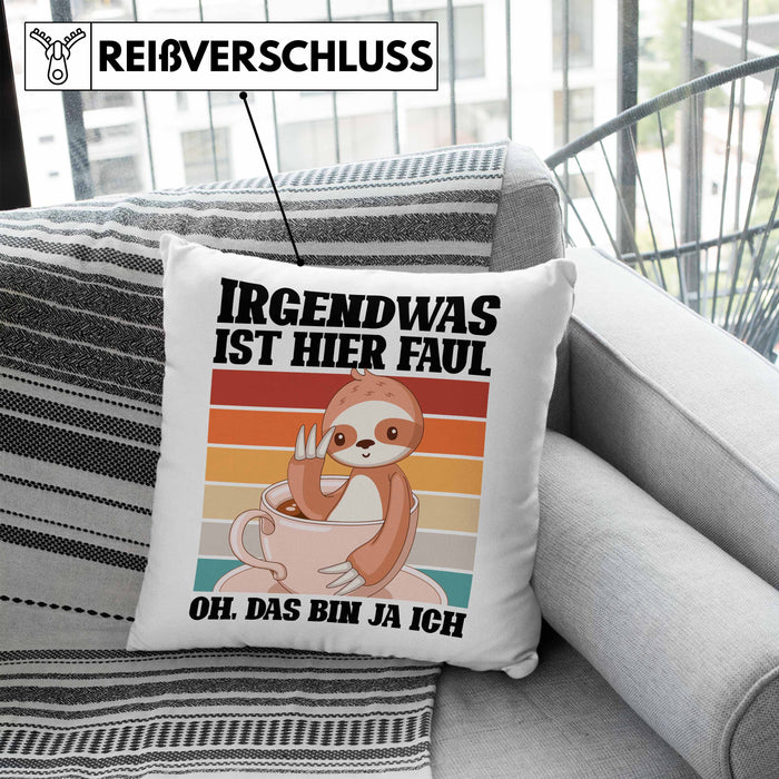 Lustige Kissen mit Füllung 40x40 Irgendwas Ist Hier Faul Geschenk Spruch Faultier Kollegein Kollege Geschenkidee Freundin Freund (Grau) Blau Trendation