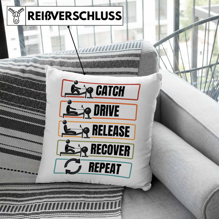 Rudern Kissen mit Füllung 40x40 Geschenk Catch Drive Release Recover Repeat Geschenkidee Ruderer (Grau) Blau Trendation